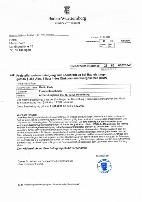Freistellungsbescheinigung der Firma Martin Zeeb